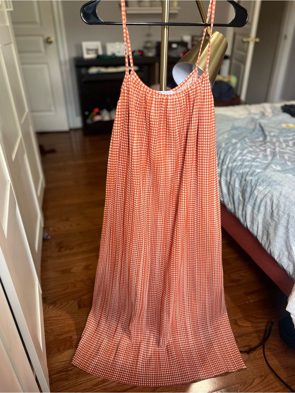 Zara Orange and White Gingham Pleated Dress